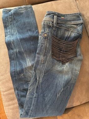 Diesel Industry Womens Blue Distressed Jeans with Chain Accent Size 25